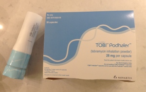 The good news for today is that I start the TOBI Podhaler tonight for the first time. However, I'd like to speak to Novartis about the design of the packaging. It's a little bit feminine. Can they create a more masculine design and color scheme? Camouflage with dead bacteria piled up would work for me.  