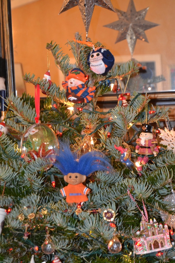 When you put me in charge of decorating the Christmas tree this is what happens: The Broncos ornaments get prime placement and a lucky troll joins the party. 